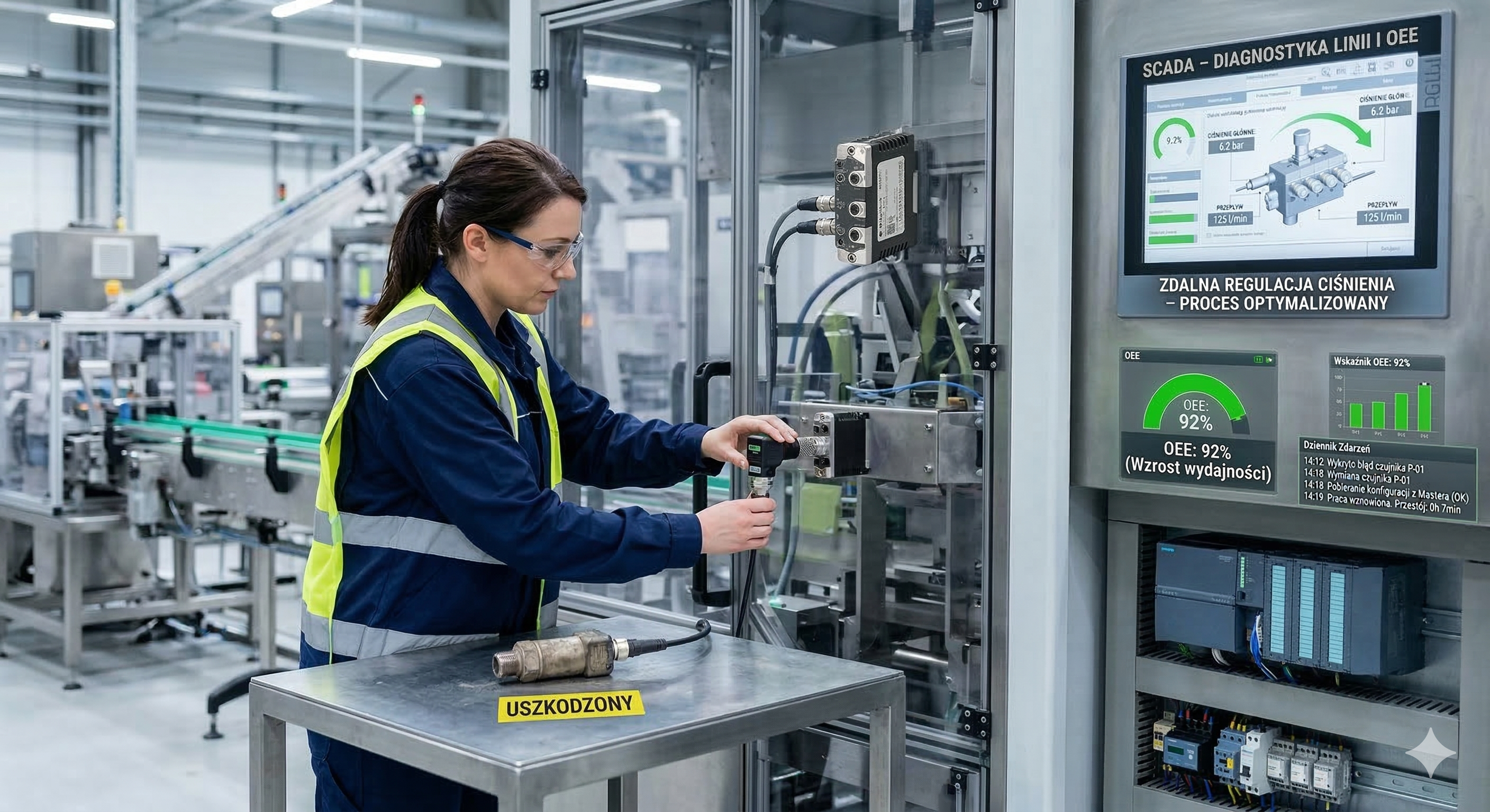 Pracownik utrzymania ruchu wymienia czujnik na linii produkcyjnej. Szybka wymiana Plug & Play w systemie IO-Link z widocznym panelem HMI i wskaźnikiem OEE.