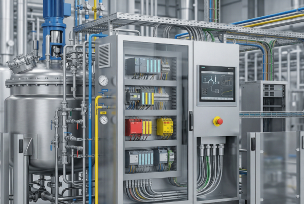 Automatyzacja w przemyśle chemicznym i widok na szafę sterowniczą z modułami PLC, panel operatorski HMI z ekranem w nowoczesnej hali przemysłowej. Złożona sieć rurociągów i korytek kablowych.