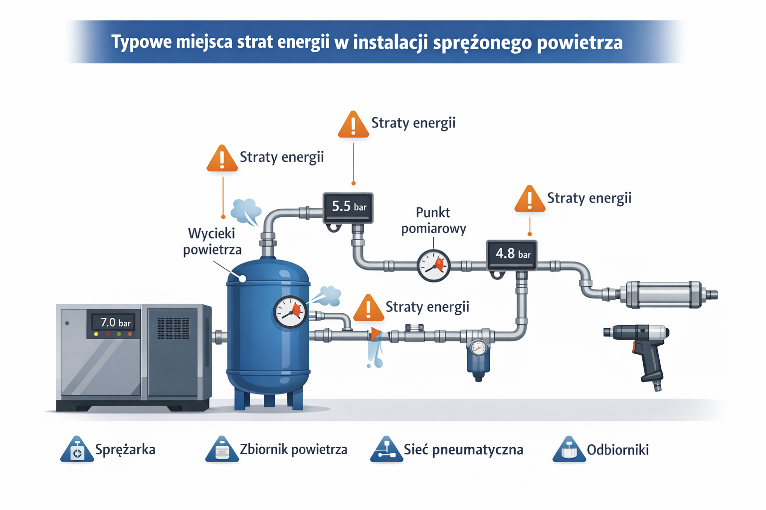 Infografika przedstawiająca typowe miejsca strat energii w instalacji sprężonego powietrza: sprężarka, zbiornik powietrza, sieć pneumatyczna, wycieki powietrza i punkt pomiarowy.